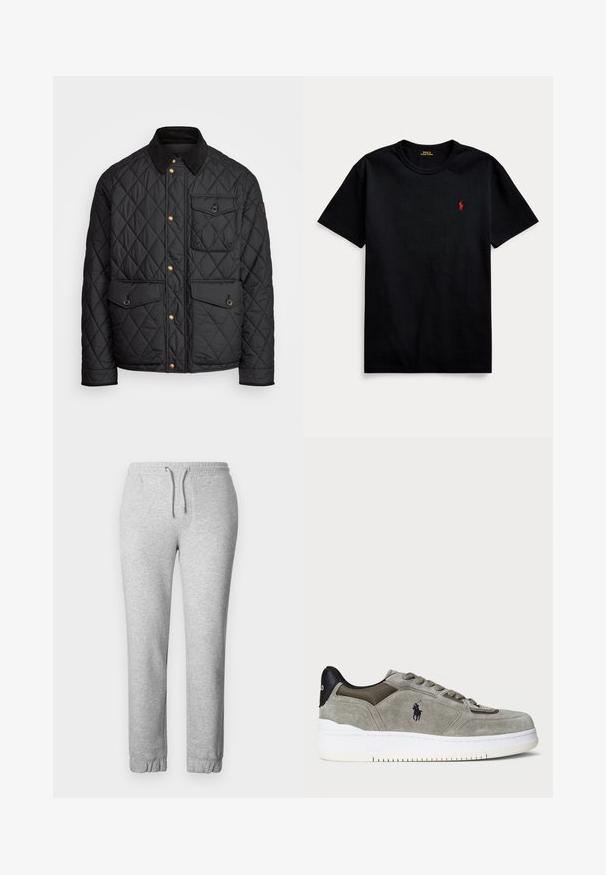 Crni quiltani kaput s ovratnikom od fiksa, zlatnim dugmadi na preklop, dva prednja džepa i džepom s lijeve strane, s logom na zakrpi.; Crna pamučna majica s kratkim rukavima, okruglim izrezom i malim crvenim vezom na lijevoj strani prsnog dijela. Glatka tekstura, ležeran dizajn.; Sive trenirke od mekog materijala, s elastičnom gumom u struku i vezicom, elastičnim manžetama i glatkom teksturom.; Sivi suede tenisice s teksturiranim gornjim dijelom, kontrastnom crnom petom, bijelim potplatom i vezom. Zatvaranje na vezice s šest rupa.
