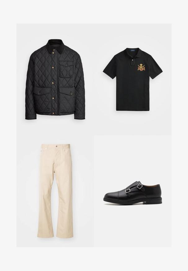 Svart quiltad jacka med en kordflöjelskrage, gyllene tryckknappar, två framfickor och en ficka på vänster sida, försedd med en logotypapplikation.; Svart polo-shirt i bomull med klassisk krage, två-knapps stolpe och en broderad emblem på vänster bröst.; Beige byxor i bomull med rak bendesign, två framfickor, bältesöglor och metallknappstängning.; Svarta läderskor med dubbelspänne, rund tå, subtila sömmar och en platt, texturerad gummisula.