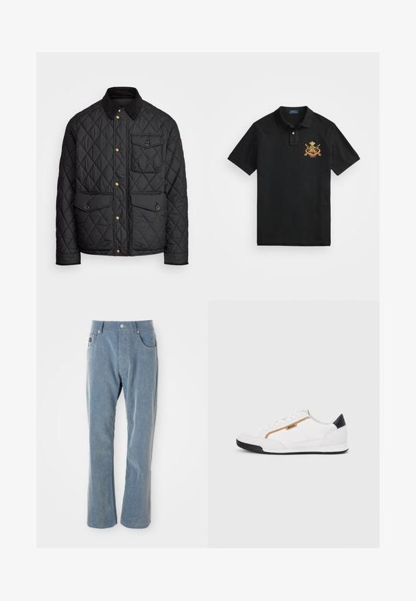 Črna prešita jakna s čimprijem ovratnikom, zlatimi gumbki, dvema sprednjima žepoma in enim žepom na levi strani, ki vsebuje žepno nalepko.; Črna polo majica iz bombaža, ki ima klasičen ovratnik, zapenjanje na dva gumba in izbrisan grb na levem prsnem delu.; Svetlo modri ženski kord flis hlače z gumbom in zadrgo, sprednjimi žepi in ravnimi nogami na beli podlagi.; Bele športne čevlje z mrežnimi in usnjenimi detajli. Opremljeni so z zlatim logotipom "BOSS", teksturiranimi stranskimi paneli in črnim kapcom na peti. Guma podplat.