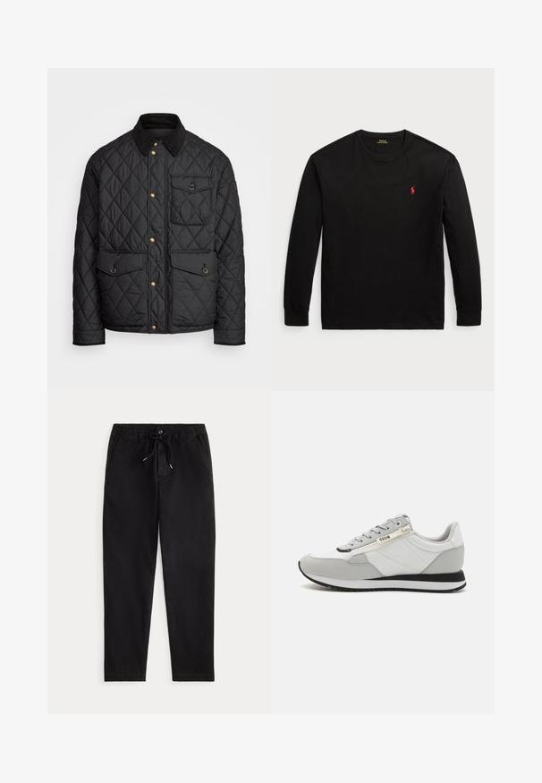 Fekete steppelt dzseki corduroy gallérral, arany snap gombokkal, két elülső zsebbel és egy bal oldali zsebbel, logó jelvénnyel.; Fekete, hosszú ujjú pamut póló. Kerek nyakkal, bordás mandzsettákkal és egy kis piros hímzett logóval rendelkezik a mellrészen. Sima tapintású.; Fekete laza nadrág rugalmas derekú, húzózsinórral, elülső gombbal és oldalsó zsebekkel, egyszínű háttéren bemutatva.; Szürke szintetikus és textil sportcipő fehér középtalppal, fekete talppal és diszkrét márkajelzéssel. Fűzős dizájnnal és textúrázott panelek jellemzik.