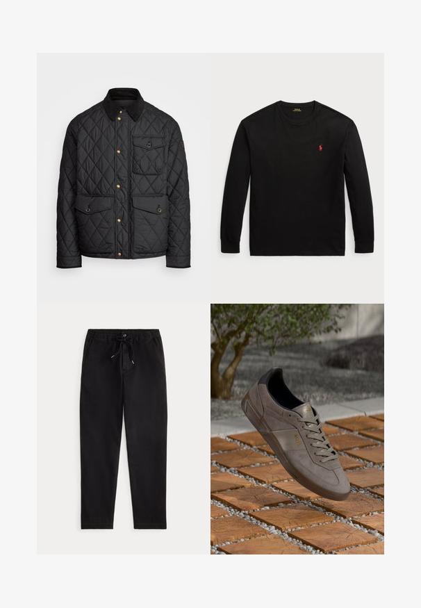 Melnā quiltota jaka ar velveteena apkakli, zeltītām spiedpogas, divām priekšējām kabatām un kabatu kreisajā pusē, ar logotipa uzlīmi.; Melnas garās piedurknes T-krekls no kokvilnas. Iezīmēts ar apaļu kakla izgriezumu, ribotiem piedurknēm un mazu sarkanu izšūtu logotipu uz krūts. Gluda tekstūra.; Melnas ikdienas bikses ar elastīgu josta, aukliņu, priekšējo pogu un sānu kabatām, attēlotas uz neitrāla fona.; Pelēki zamšādas sporta apavi ar melniem akcentiem, ar teksturētu virsmu, auklām priekšā un zelta logotipu sānos.