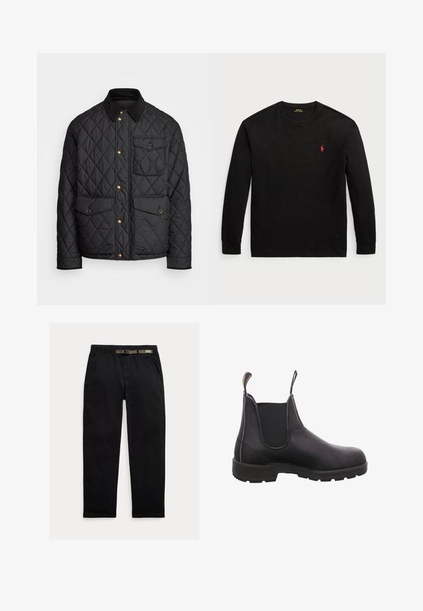 Czarna pikowana kurtka z kołnierzem z sztruksu, złotymi zatrzaskami, dwoma przednimi kieszeniami oraz kieszenią po lewej stronie, z naszywką z logo.; Czarny t-shirt z długim rękawem wykonany z bawełny. Posiada okrągły dekolt, ściągacze przy mankietach oraz małe czerwone haftowane logo na piersi. Gładka tekstura.; Czarne spodnie wykonane z lekkiego materiału, z elastycznym paskiem wbudowanym w zielony pas, prostą nogawką oraz bocznymi kieszeniami.; Czarne skórzane botki za kostkę z elastycznymi panelami bocznymi, okrągłym noskiem i gumową podeszwą. Posiadają uchwyt z tyłu ułatwiający zakładanie.
