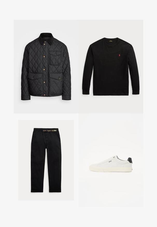 Chaqueta negra acolchada con cuello de pana, botones de presión dorados, dos bolsillos frontales y un bolsillo en el lado izquierdo, con un parche de logo.; Camiseta negra de manga larga hecha de algodón. Presenta un cuello redondo, puños acanalados y un pequeño logotipo bordado en rojo en el pecho. Textura suave.; Pantalones negros de tela ligera, con una cintura elástica que incluye un cinturón verde integrado, corte recto y bolsillos laterales.; Zapatilla blanca de cuero con acabado texturizado, con una caperuza en negro en el talón, puntera redonda y logo de la marca en negro en el lado. Suela de goma ligera.