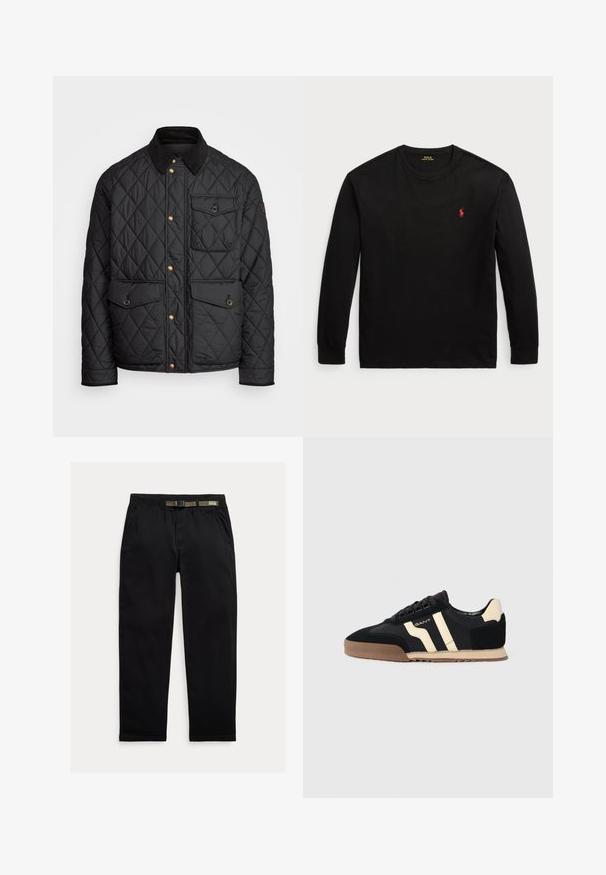 Musta tikattu takki, jossa on samettikaulus, kultaiset napit, kaksi etutaskua ja tasku vasemmalla puolella, jossa on logopatch.; Musta pitkähihaisen t-paita 100 % puuvillaa. Ominaisuuksiin kuuluu pyöreä pääntie, ribatut hihansuut ja pieni punainen brodeerattu logo rinnassa. Silkkinen pinta.; Mustat housut, jotka on valmistettu kevyestä kankaasta. Niissä on joustava vyötärö, johon on integroitu vihreä vyö, suora lahje ja sivutaskut.; Mustat mokka-tossut vaaleilla yksityiskohdilla, joissa on kumipohja, litteät nauhat ja tyylikäs raidallinen muotoilu sivuilla.