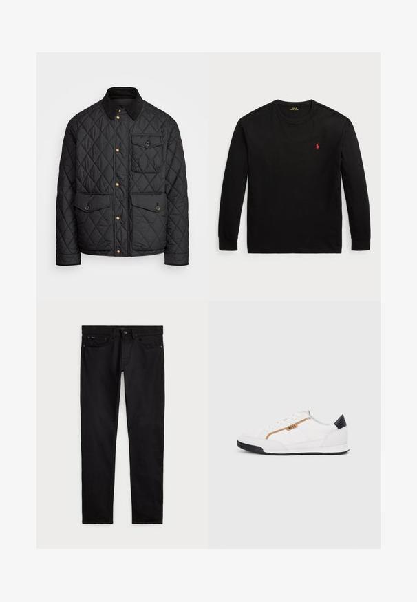 Black quilted jacket with a corduroy collar, gold snap buttons, two front pockets, and a pocket on the left side, featuring a logo patch.; Black long-sleeve t-shirt made of cotton. Features a crew neck, ribbed cuffs, and a small red embroidered logo on the chest. Smooth texture.; Black jeans made of denim, featuring a classic five-pocket design, button closure, and straight leg cut with a smooth, even texture.; White athletic shoes with mesh and leather accents. Features a gold "BOSS" logo, textured side panels, and a black heel cap. Rubber sole.