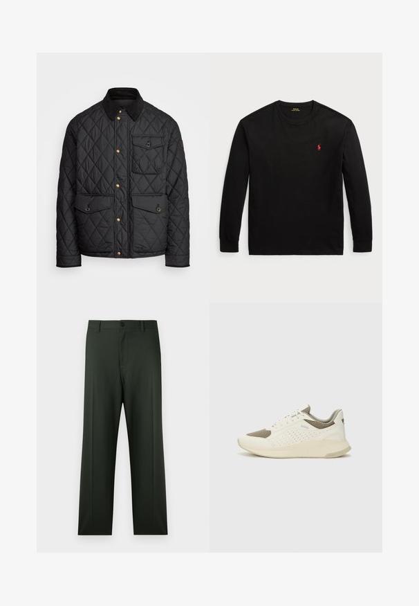 Chaqueta negra acolchada con cuello de pana, botones de presión dorados, dos bolsillos frontales y un bolsillo en el lado izquierdo, con un parche de logo.; Camiseta negra de manga larga hecha de algodón. Presenta un cuello redondo, puños acanalados y un pequeño logotipo bordado en rojo en el pecho. Textura suave.; Pantalones verde oscuro de corte recto, con cierre frontal de botones, trabillas para cinturón y una tela lisa con una textura ligeramente rugosa.; Zapatilla deportiva en blanco y beige claro, con parte superior de malla, detalles perforados y una mediasuela texturizada con la marca en el talón.