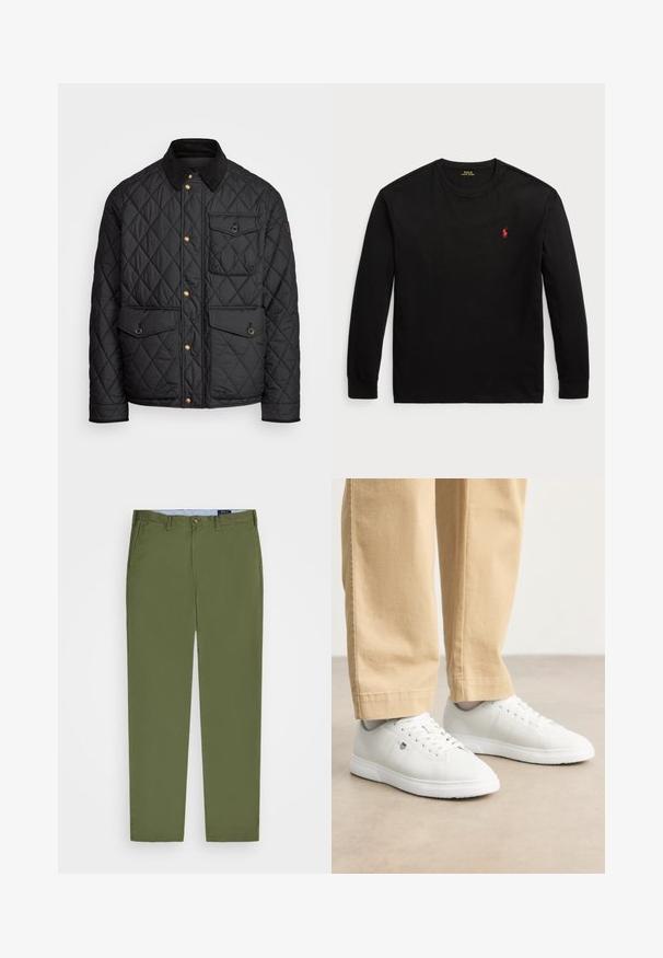 Μαύρο πλισέ μπουφάν με κόκκινο γιακά, χρυσά κουμπιά, δύο μπροστινές τσέπες και μια τσέπη στην αριστερή πλευρά, με λάδι λογότυπου.; Μαύρο μπλουζάκι με μακριά μανίκια από βαμβάκι. Διαθέτει στρογγυλή λαιμόκοψη, ριγωτές μανσέτες και ένα μικρό κόκκινο κεντητό λογότυπο στο στήθος. Λείο υφή.; Λαδί chinos φτιαγμένα από βαμβάκι με λεία υφή, διαθέτουν κλείσιμο με κουμπί, θηλιές για ζώνη και ίσια πόδια. Κλασικός σχεδιασμός χωρίς σχέδια.; Λευκά δερμάτινα sneakers με ομαλή φινίρισμα, με στρογγυλή μύτη, σχέδιο με κορδόνια και διακριτική λεπτομέρεια με λογότυπο στο πλάι, συνδυασμένα με μπεζ παντελόνι.
