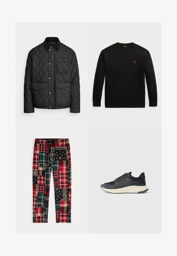 Casaco acolchoado preto com colarinho de veludo cotelê, botões de pressão dourados, dois bolsos frontais e um bolso no lado esquerdo, apresentando um patch de logotipo.; Camisola de manga longa preta feita de algodão. Apresenta um colarinho redondo, punhos canelados e um pequeno logo bordado vermelho no peito. Textura suave.; Calças patchwork com vários padrões xadrez e floral em vermelho, verde, preto e creme; cintura ajustável com cordão.; Sapatilha atlética preta com parte superior em malha com perfurações, uma entressola texturizada em creme e uma sola de borracha para tração.