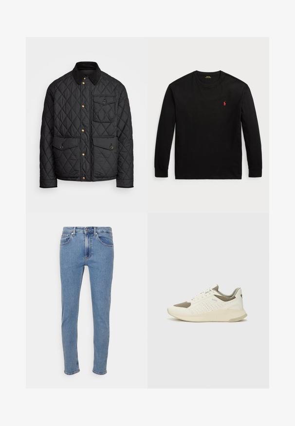 Melnā quiltota jaka ar velveteena apkakli, zeltītām spiedpogas, divām priekšējām kabatām un kabatu kreisajā pusē, ar logotipa uzlīmi.; Melnas garās piedurknes T-krekls no kokvilnas. Iezīmēts ar apaļu kakla izgriezumu, ribotiem piedurknēm un mazu sarkanu izšūtu logotipu uz krūts. Gluda tekstūra.; Gaiši zili slim-fit džinsi ar priekšējo pogu un rāvējslēdzēju, priekšējām un aizmugurējām kabatām, attēlā uz balta fona.; Baltas un gaiši bež sporta apavi, ar sieta augšdaļu, perforētiem detaļām un teksturētu vidusdaļu ar zīmolu uz papēža.