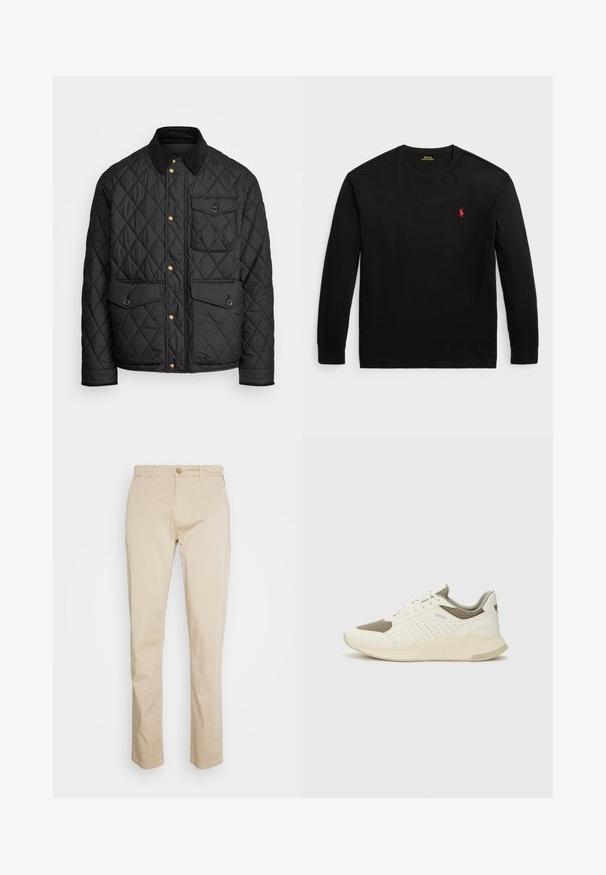 Must mustriga jakk, millel on sametkaelus, kuldsed nööbid, kaks eesmist taskut ja tasku vasakul küljel, millel on logotäht.; Must t-särk, millel on pikad varrukad ja mis on valmistatud puuvillast. Omab ümarat kaelaäärt, soonikku üles keeratud varrukaotsi ja väikest punast tikandiga logo rinnal. Sile tekstuur.; Beezist puuvillased chinos sirge säärega disainiga, millel on nööbiga kinniti ja peene tekstuur. Pole nähtavaid mustreid ega aktsente.; Valge ja heledat beeži värvi spordijalats, millel on õhuke võrkmaterjal, perforatsioonidega detailid ning tekstuuriga vahetald, millel on brändi logo kannaosas.