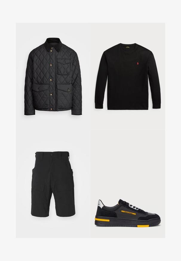 Zwarte gewatteerde jas met een corduroy kraag, gouden drukknoopsluitingen, twee voorzakken en een zak aan de linkerkant, voorzien van een logo patch.; Zwarte longsleeve t-shirt van katoen. Heeft een ronde hals, ribgebreide manchetten en een klein rood geborduurd logo op de borst. Vlotte textuur.; Zwarte cargo shorts van lichtgewicht stof met meerdere zakken, een knoopsluiting en een relaxte pasvorm met een knielange snit.; Zwarte sneakers met een bovenwerk van suède en mesh, gele accenten en een dikke zwarte zool. Vetersluiting en "POLO SPORT" branding op de zijkant.