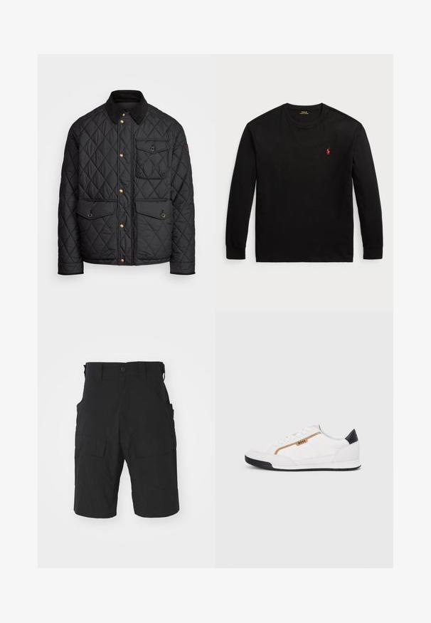 Schwarze gesteppte Jacke mit einem Cordkragen, goldenen Druckknöpfen, zwei Fronttaschen und einer Tasche auf der linken Seite, die ein Logopatch aufweist.; Schwarzes Langarm-T-Shirt aus Baumwolle. Verfügt über einen Rundhals, gerippte Bündchen und ein kleines rotes gesticktes Logo auf der Brust. Glatte Textur.; Schwarze Cargo-Shorts aus leichtem Stoff mit mehreren Taschen, einem Knopfverschluss und einer lockeren Passform mit knielanger Länge.; Weiße Sportschuhe mit Mesh- und Lederelementen. Ausgestattet mit einem goldenen "BOSS"-Logo, strukturierten Seitenpaneelen und einer schwarzen Fersenkappe. Gummisohle.