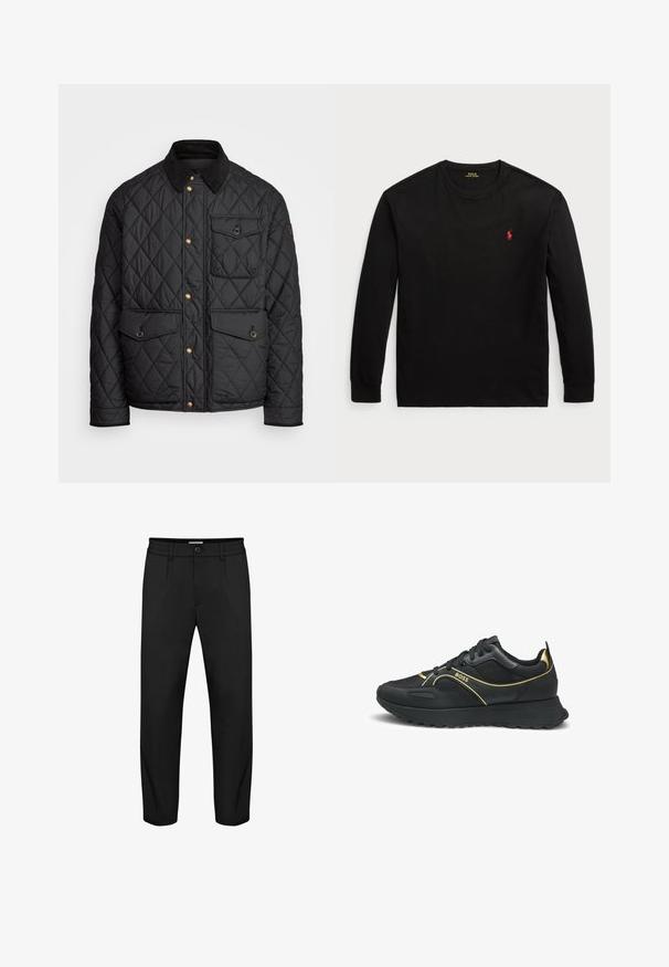 Svart quiltad jacka med en kordflöjelskrage, gyllene tryckknappar, två framfickor och en ficka på vänster sida, försedd med en logotypapplikation.; Svart långärmad t-shirt i bomull. Har en crew-neck, ribbade ärmslut och en liten röd broderad logotyp på bröstet. Slät yta.; Svarta byxor med rak bendesign, utrustade med knappstängning, sidofickor och en mjuk textur. Detalj med elastisk midja ingår.; Svarta sneakers med guldaccenter, med en slät syntetisk ovandel, texturerade paneler, rund tå och en gummisula med grepp.