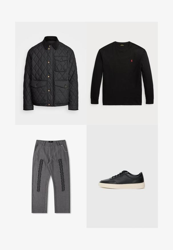 Svart quiltad jacka med en kordflöjelskrage, gyllene tryckknappar, två framfickor och en ficka på vänster sida, försedd med en logotypapplikation.; Svart långärmad t-shirt i bomull. Har en crew-neck, ribbade ärmslut och en liten röd broderad logotyp på bröstet. Slät yta.; Grårutiga byxor med svart textdetalj längs sidorna, med en kedjeaccent vid midjan. Rak bendesign, texturerad tyg.; Svart låg skor i läder med svarta snören och off-white sula, visas i sidoprofil på vit bakgrund.