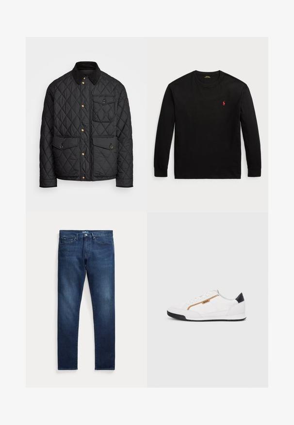 Casaco acolchoado preto com colarinho de veludo cotelê, botões de pressão dourados, dois bolsos frontais e um bolso no lado esquerdo, apresentando um patch de logotipo.; Camisola de manga longa preta feita de algodão. Apresenta um colarinho redondo, punhos canelados e um pequeno logo bordado vermelho no peito. Textura suave.; Calças de ganga azul escura com corte de perna reta, com cinco bolsos, fecho de botão e ligeiro desgaste próximo às coxas.; Tênis atléticos brancos com detalhes em malha e couro. Apresenta um logotipo dourado "BOSS", painéis laterais texturizados e um capô de calcanhar preto. Sola em borracha.