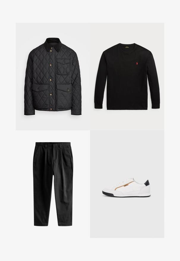 Sort quiltet jakke med en corduroy krave, guld trykknapper, to frontlommer og en lomme på venstre side, udstyret med et logo patch.; Sort langærmet t-shirt lavet af bomuld. Har en rund halsudskæring, ribbede manchetter og et lille rødt broderet logo på brystet. Glat tekstur.; Sorte bukser lavet af glat stof, med en skræddersyet pasform, frontfolder og en klassisk talje med bæltestropper.; Hvide atletiske sko med mesh og læderdetaljer. Har et gyldent "BOSS" logo, teksturerede sidepaneler og en sort hælkappe. Gummisål.