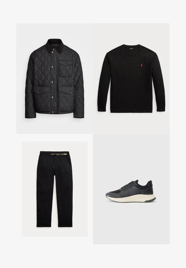 Casaco acolchoado preto com colarinho de veludo cotelê, botões de pressão dourados, dois bolsos frontais e um bolso no lado esquerdo, apresentando um patch de logotipo.; Camisola de manga longa preta feita de algodão. Apresenta um colarinho redondo, punhos canelados e um pequeno logo bordado vermelho no peito. Textura suave.; Calças pretas feitas de um tecido leve, com uma cintura elástica com um cinto verde integrado, corte reto e bolsos laterais.; Sapatilha atlética preta com parte superior em malha com perfurações, uma entressola texturizada em creme e uma sola de borracha para tração.