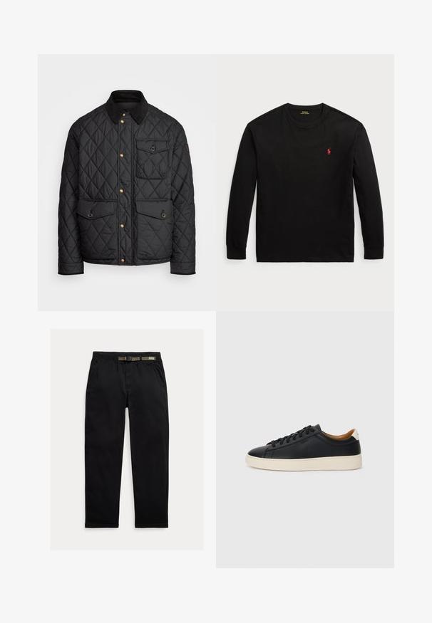 Črna prešita jakna s čimprijem ovratnikom, zlatimi gumbki, dvema sprednjima žepoma in enim žepom na levi strani, ki vsebuje žepno nalepko.; Črna majica z dolgimi rokavi iz bombaža. Ima krožni ovratnik, rebraste manšete in majhen rdeč vezen logotip na prsih. Gladka tekstura.; Črne hlače iz lahkega blaga, z elastičnim pasom in vgrajenim zeleni pasom, ravne noge in stranskimi žepi.; Črne usnjene superge z gladko teksturo, bež gumijastim podplatom, zavezovalnim dizajnom in kontrastnim nagibom na peti.