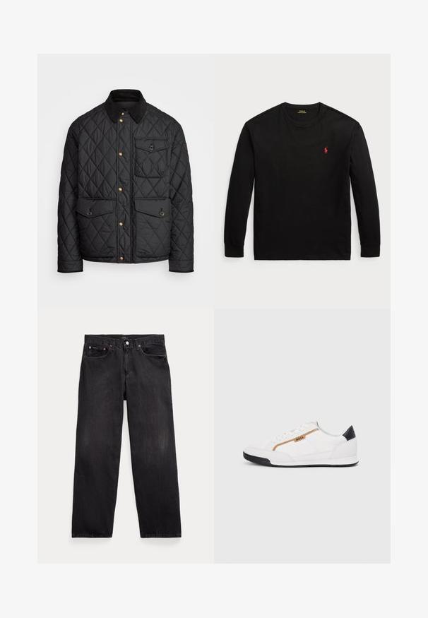 Svart quiltad jacka med en kordflöjelskrage, gyllene tryckknappar, två framfickor och en ficka på vänster sida, försedd med en logotypapplikation.; Svart långärmad t-shirt i bomull. Har en crew-neck, ribbade ärmslut och en liten röd broderad logotyp på bröstet. Slät yta.; Svarta denimjeans med avslappnad passform, som har fem fickor, knäppning med knapp och subtila blekningar över hela tyget.; Vita sportskor i vitt med inslag av nät och läder. Har en gyllene "BOSS"-logotyp, texturerade sidopaneler och en svart hälkap. Gummisula.