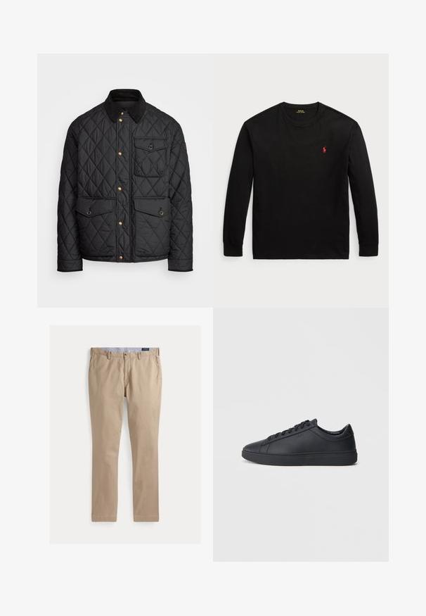 Casaco acolchoado preto com colarinho de veludo cotelê, botões de pressão dourados, dois bolsos frontais e um bolso no lado esquerdo, apresentando um patch de logotipo.; Camisola de manga longa preta feita de algodão. Apresenta um colarinho redondo, punhos canelados e um pequeno logo bordado vermelho no peito. Textura suave.; Chinos cáqui com um design de perna reta, feitos de tecido de algodão. Inclui um fecho frontal seguro com botão e passantes para cinto.; Ténis pretos feitos de couro liso com um design de cano baixo, bico redondo e sola de borracha plana. Apresentam atacadores e uma marcação discreta.