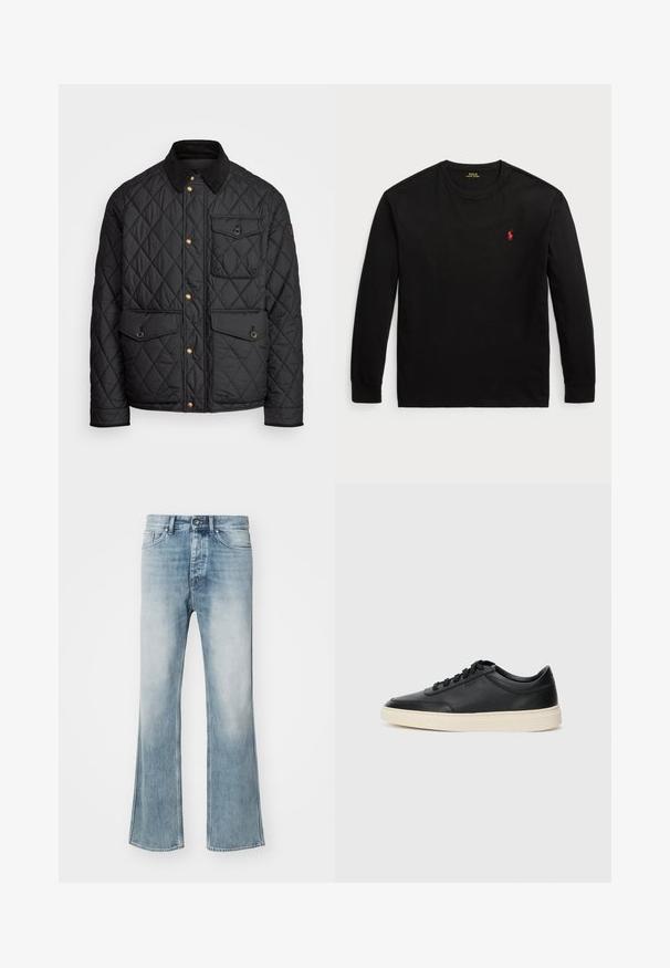 Juodas margintas paltas su kanapių apykakle, auksiniais spaudžiamais mygtukais, dviem priekinių didelėms kišenėms ir kišene kairėje pusėje, su logotipo etikete.; Juodas ilgomis rankovėmis t-shirt, pagamintas iš medvilnės. Turi apvalų kaklą, suglebusius rankogalius ir mažą raudoną siuvinėtą logotipą ant krūtinės. Lygi tekstūra.; Tiger of Sweden ALEC - Laisvo kirpimo džinsai - dust blue; Juoda žema viršutinė odinė sportbačiai su juodais raišteliais ir kreminiu padu, pateikti šoniniame profilyje ant baltos fono.