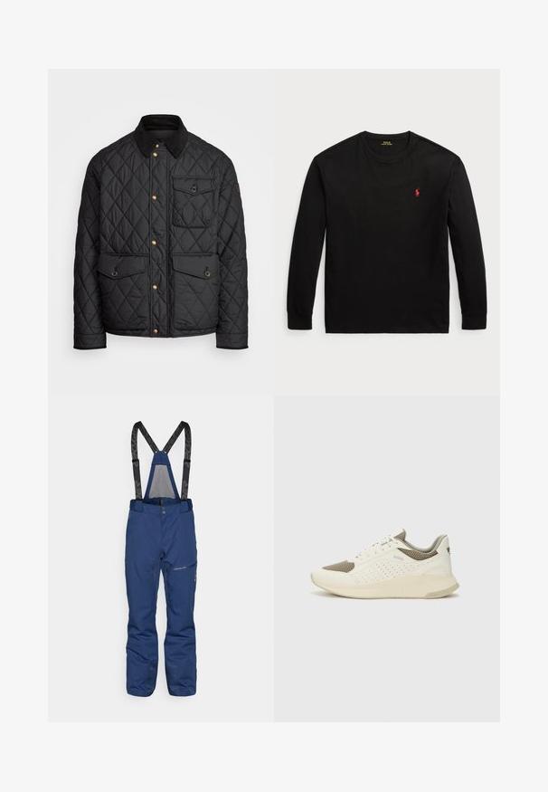 Črna prešita jakna s čimprijem ovratnikom, zlatimi gumbki, dvema sprednjima žepoma in enim žepom na levi strani, ki vsebuje žepno nalepko.; Črna majica z dolgimi rokavi iz bombaža. Ima krožni ovratnik, rebraste manšete in majhen rdeč vezen logotip na prsih. Gladka tekstura.; Temno modri smučarski hlače z nastavljivimi črnimi naramnicami, sprednjim žepom na zadrgo, ojačanimi manšetami in gladko teksturo na površini.; Beli in svetlo bež športni copat, s mrežastim zgornjim delom, perforiranimi detajli in teksturirano srednjim delom z blagovno znamko na peti.