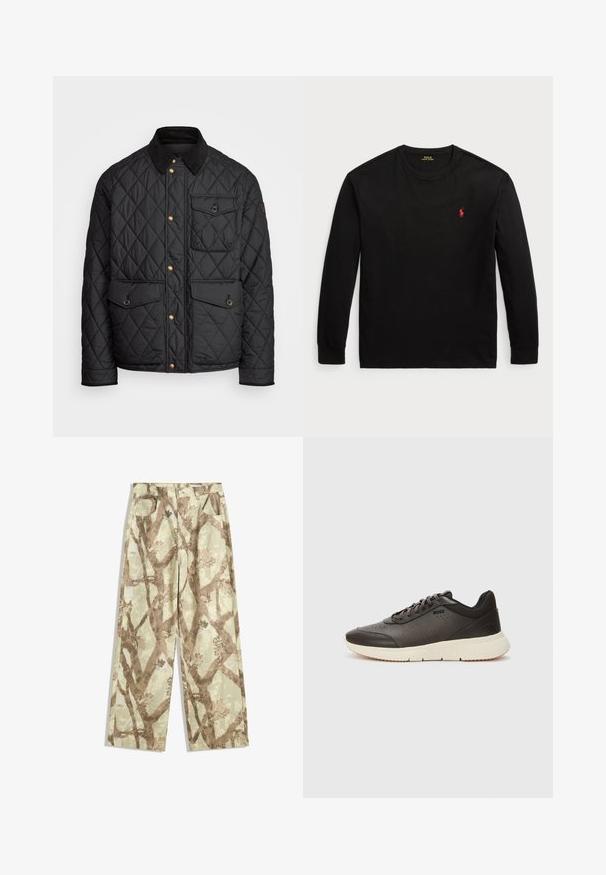 Czarna pikowana kurtka z kołnierzem z sztruksu, złotymi zatrzaskami, dwoma przednimi kieszeniami oraz kieszenią po lewej stronie, z naszywką z logo.; Czarny t-shirt z długim rękawem wykonany z bawełny. Posiada okrągły dekolt, ściągacze przy mankietach oraz małe czerwone haftowane logo na piersi. Gładka tekstura.; Spodnie wykonane z lekkiego materiału w jasnym zielonym odcieniu, zdobione brązowym wzorem gałęzi drzewa, w szerokim kroju oraz z dwiema przednimi kieszeniami.; Ciemnobrązowe sneakersy z teksturowaną skórzaną cholewką, perforowanymi detalami i lekką kremową podeszwą. Zawierają sznurówki i subtelne logo.