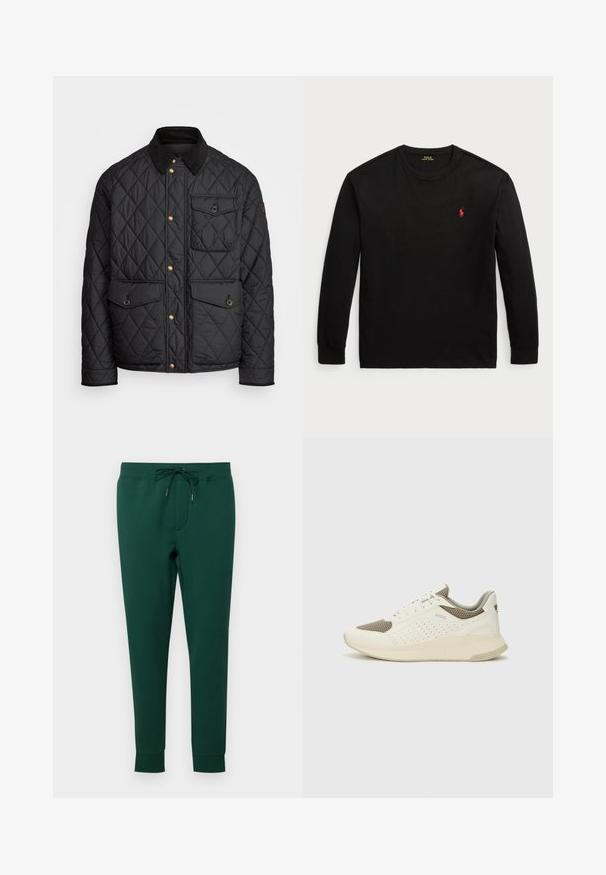 Casaco acolchoado preto com colarinho de veludo cotelê, botões de pressão dourados, dois bolsos frontais e um bolso no lado esquerdo, apresentando um patch de logotipo.; Camisola de manga longa preta feita de algodão. Apresenta um colarinho redondo, punhos canelados e um pequeno logo bordado vermelho no peito. Textura suave.; Polo Ralph Lauren DOUBLE-KNIT JOGGER PANT - Calças de fato de treino - vintage pine; Sapatilha atlética branca e bege claro, com parte superior em malha, detalhes perfurados e uma entressola texturizada com marcação no calcanhar.