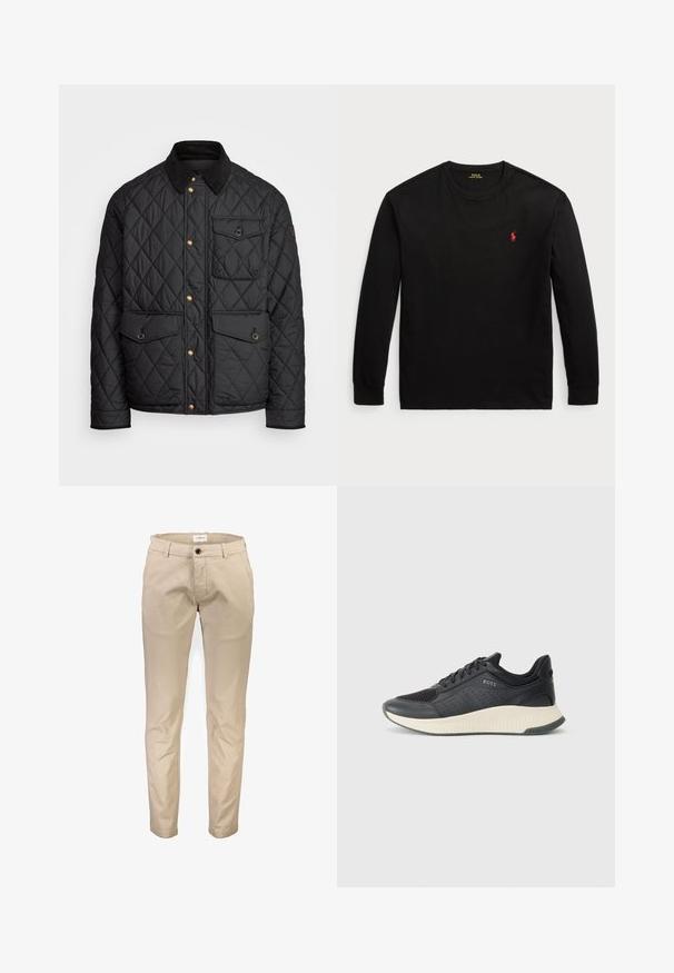 Svart quiltad jacka med en kordflöjelskrage, gyllene tryckknappar, två framfickor och en ficka på vänster sida, försedd med en logotypapplikation.; Svart långärmad t-shirt i bomull. Har en crew-neck, ribbade ärmslut och en liten röd broderad logotyp på bröstet. Slät yta.; Beiga bomullbyxor med raka ben, utrustade med framfickor, blixtlås och en knapplåsning framtill. Slät yta, utan mönster.; Svart atletisk sneakers med ovandel i mesh och perforeringar, en texturerad mellansula i krämfärg och en gummisula för bra grepp.