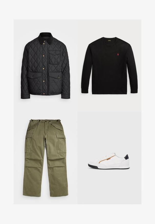 Černá prošívaná bunda s kordovým límcem, zlatými patentkami, dvěma předními kapsami a jednou kapsou na levé straně, která obsahuje nášivku s logem.; Černé dlouhé tričko s dlouhým rukávem vyrobené z bavlny. Má kulatý výstřih, žebrované manžety a malé červené vyšití loga na hrudi. Hladká textura.; Olivově zelené cargo kalhoty vyrobené z texturované látky, s několika předními a bočními kapsami a zesíleným švem na švech.; Bílé sportovní boty s akcenty z meshe a kůže. Mají zlaté logo "BOSS", texturované boční panely a černý podpatek. Gumová podrážka.