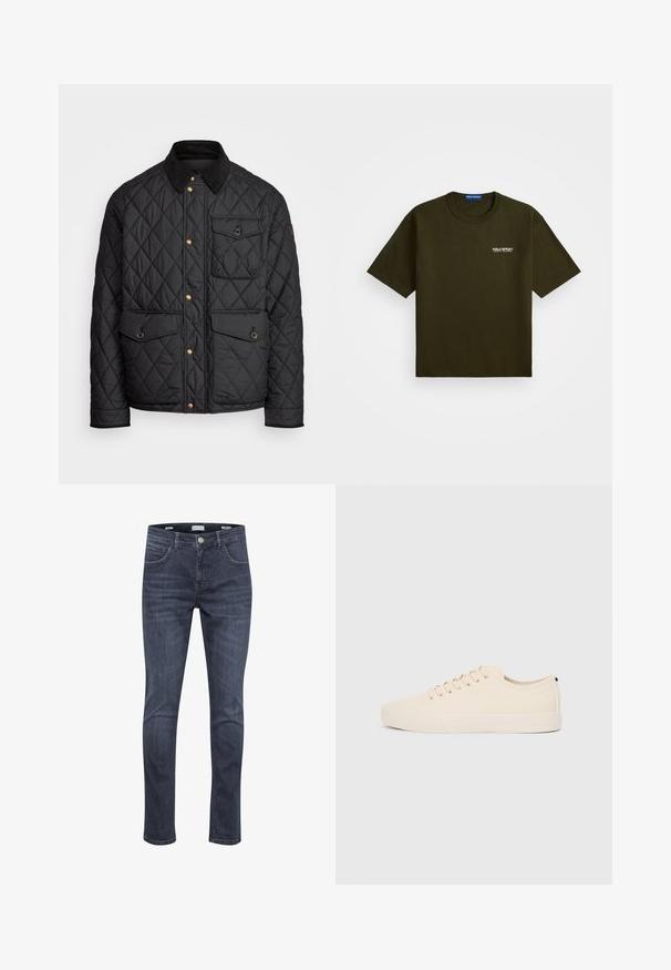 Crni quiltani kaput s ovratnikom od fiksa, zlatnim dugmadi na preklop, dva prednja džepa i džepom s lijeve strane, s logom na zakrpi.; Tamnozeleni kratki rukav majica s okruglim izrezom i malim bijelim logotipom "Polo Sport Ralph Lauren" na lijevoj strani prsnog koša.; Tamno plavi traperice uskog kroja, s pet džepova, svijetlim šavovima i klasičnim zatvaračem na rajsferšlus s dugmetom.; Bež platnene tenisice s okruglim vrhom, ravnim gumennim potplatom i vezanjem sprijeda. Imaju minimalistički dizajn s kontrastnim crnim naglaskom na peti.