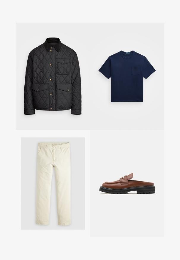 Sort quiltet jakke med en corduroy krave, guld trykknapper, to frontlommer og en lomme på venstre side, udstyret med et logo patch.; Mørkeblå bomulds T-shirt med rund hals, korte ærmer og en lomme på venstre bryst. Glat tekstur med en klassisk pasform.; Lys beige løstsiddende bukser med tre lommer, bæltestropper og lige ben. Fremstillet af et blødt bomuldsblandingsstof.; Marni SABOT - Loafers - cognac