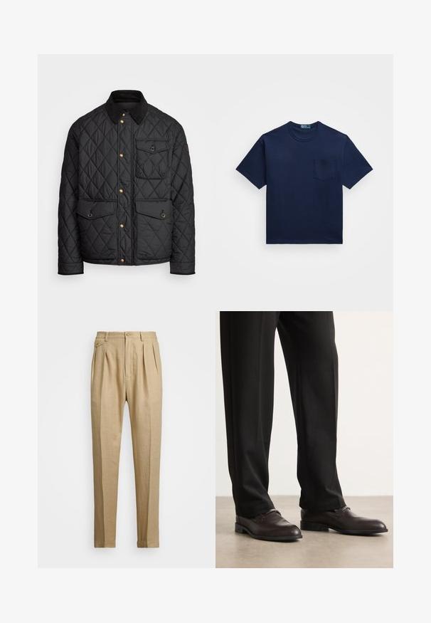 Black quilted jacket with a corduroy collar, gold snap buttons, two front pockets, and a pocket on the left side, featuring a logo patch.; Navy blue cotton t-shirt with a crew neckline, short sleeves, and a left chest pocket. Smooth texture with a classic fit.; Beige linen trousers with a straight cut, featuring two front pleats, a button closure, and side pockets. Textured fabric with a smooth finish.; BOSS TAYIL - Smart slip-ons - dark brown