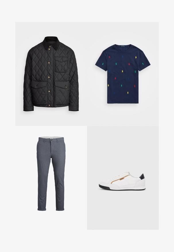 Casaco acolchoado preto com colarinho de veludo cotelê, botões de pressão dourados, dois bolsos frontais e um bolso no lado esquerdo, apresentando um patch de logotipo.; T-shirt de algodão azul-marinho com logotipos de polo bordados em várias cores (vermelho, verde, amarelo, azul) espalhados pela tecido, com decote arredondado.; Calças masculinas ajustadas em padrão de sarja de diamante azul escuro, com fecho de botão, design elegante e bainhas dobradas. Feitas de um tecido leve.; Tênis atléticos brancos com detalhes em malha e couro. Apresenta um logotipo dourado "BOSS", painéis laterais texturizados e um capô de calcanhar preto. Sola em borracha.