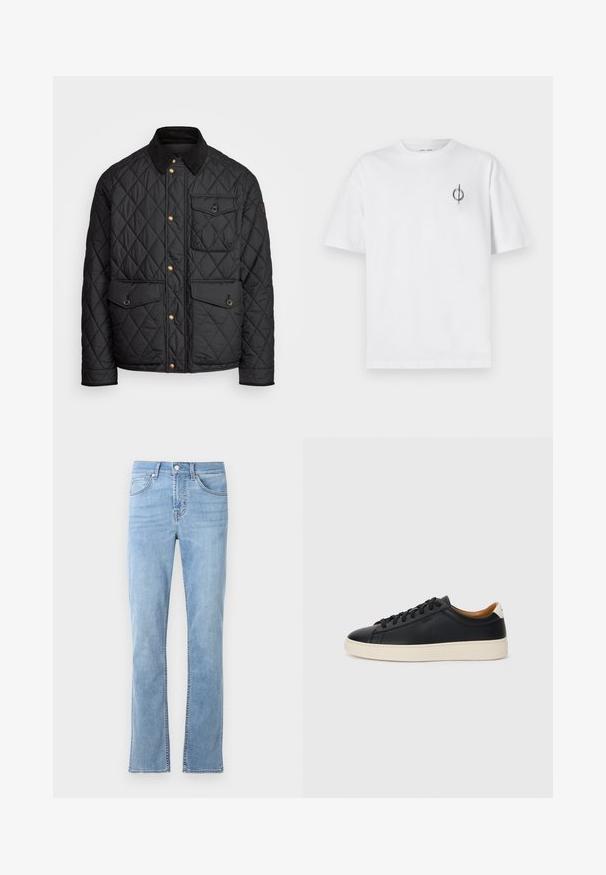 Black quilted jacket with a corduroy collar, gold snap buttons, two front pockets, and a pocket on the left side, featuring a logo patch.; White cotton t-shirt with a relaxed fit, featuring a small black graphic logo on the left chest area. Short sleeves, crew neck style.; Light blue, straight-leg jeans made of cotton denim. Features five pockets, a front button closure, and subtle stitching details.; Black leather sneakers with a smooth texture, beige rubber sole, lace-up design, and a contrasting heel accent.