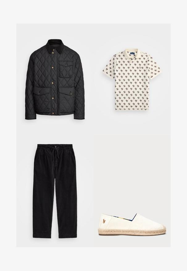 Giacca nera trapuntata con colletto in corduroy, bottoni a pressione dorati, due tasche frontali e una tasca sul lato sinistro, con un patch del logo.; Polo in cotone beige, caratterizzato da un motivo ripetuto di piccoli cavalieri colorati. Collo classico e maniche corte.; Pantaloni in velluto a coste neri con una vestibilità rilassata, dotati di una vita elasticizzata con cordoncino e tasche laterali. Il tessuto presenta una texture a coste.; Espadrilla in tela color avorio con suola in corda. Presenta una fodera con motivo blu e un piccolo logo ricamato sul tallone.