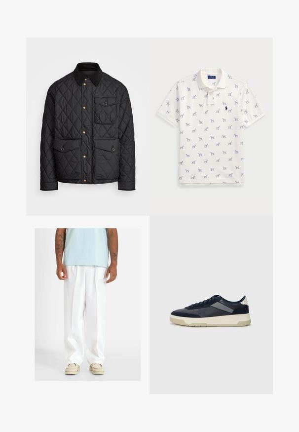 Schwarze gesteppte Jacke mit einem Cordkragen, goldenen Druckknöpfen, zwei Fronttaschen und einer Tasche auf der linken Seite, die ein Logopatch aufweist.; Weißes Polo-Shirt aus Baumwolle mit einem wiederholten blauen Hundemuster und einem kleinen blauen Logo auf der Brust. Kurze Ärmel und Kragen.; Weiße, weit geschnittene Hose mit glatter Textur, ausgestattet mit Vorderfalten. Getragen mit einem hellblauen Oberteil und beigen Schuhen.; BOSS BALTIMORE - Sneaker low - open blue