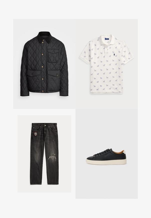 Juodas margintas paltas su kanapių apykakle, auksiniais spaudžiamais mygtukais, dviem priekinių didelėms kišenėms ir kišene kairėje pusėje, su logotipo etikete.; Balta polo marškiniai, pagaminti iš medvilnės, su pasikartojančiu mėlynu šunų raštu ir mažuoju mėlynu logotipu ant krūtinės. Trumpomis rankovėmis ir apykakle.; Juodi džinsai iš džinso audinio su tiesiomis kojomis, nudėvėtais elementais ir pleistru kairėje kišenėje. Matomi siūlai ir išblukusi tekstūra.; Juodos odinės sportbačiai su lygiu paviršiumi, smėlio spalvos guminis padas, raišteliais užsegama konstrukcija ir kontrastingas kulno akcentas.