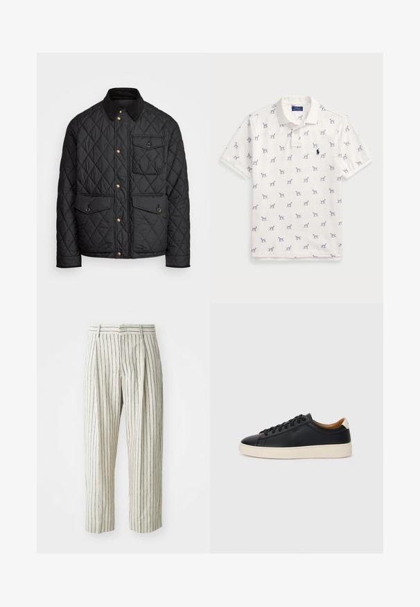 Black quilted jacket with a corduroy collar, gold snap buttons, two front pockets, and a pocket on the left side, featuring a logo patch.; White polo shirt made of cotton, featuring a repeated blue dog pattern and a small blue logo on the chest. Short sleeves and collar.; White striped trousers made of light fabric, featuring a relaxed fit, pleats, and a waistband with belt loops. Vertical navy stripes.; Black leather sneakers with a smooth texture, beige rubber sole, lace-up design, and a contrasting heel accent.