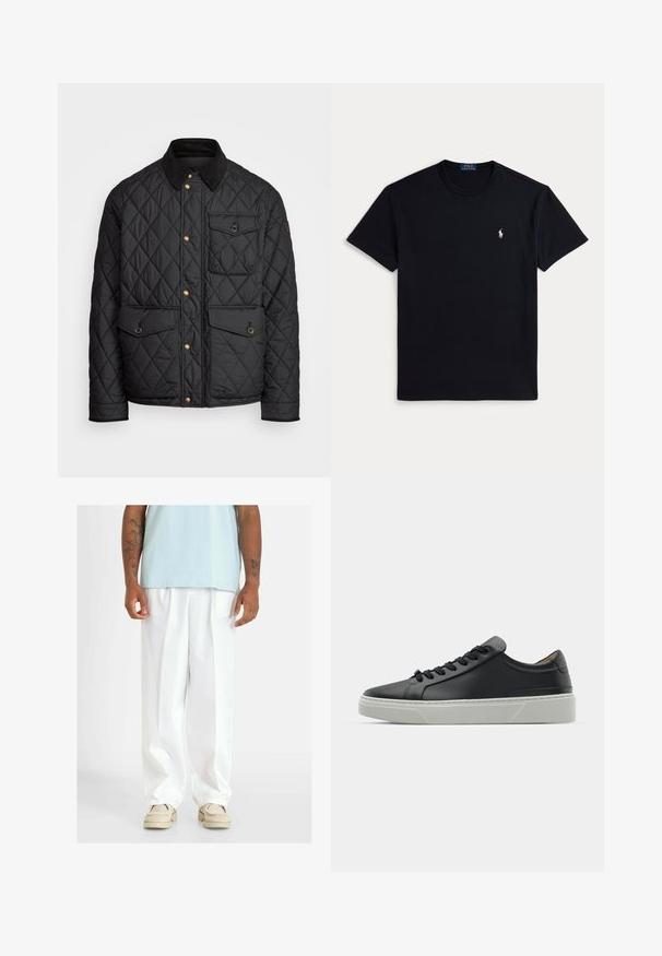 Veste noire matelassée avec un col en velours côtelé, des boutons-pression dorés, deux poches avant et une poche sur le côté gauche, avec un patch logo.; T-shirt en coton noir avec un col rond, des manches courtes et un petit logo brodé sur la poitrine gauche. Texture lisse.; Pantalons blancs à large jambe avec une texture lisse, dotés de plis à l'avant. Portés avec un haut bleu clair et des chaussures beige.; Sneaker en cuir noir avec une texture lisse, bout rond et lacets noirs. Présente une semelle épaisse en caoutchouc blanc avec des accents géométriques subtils.