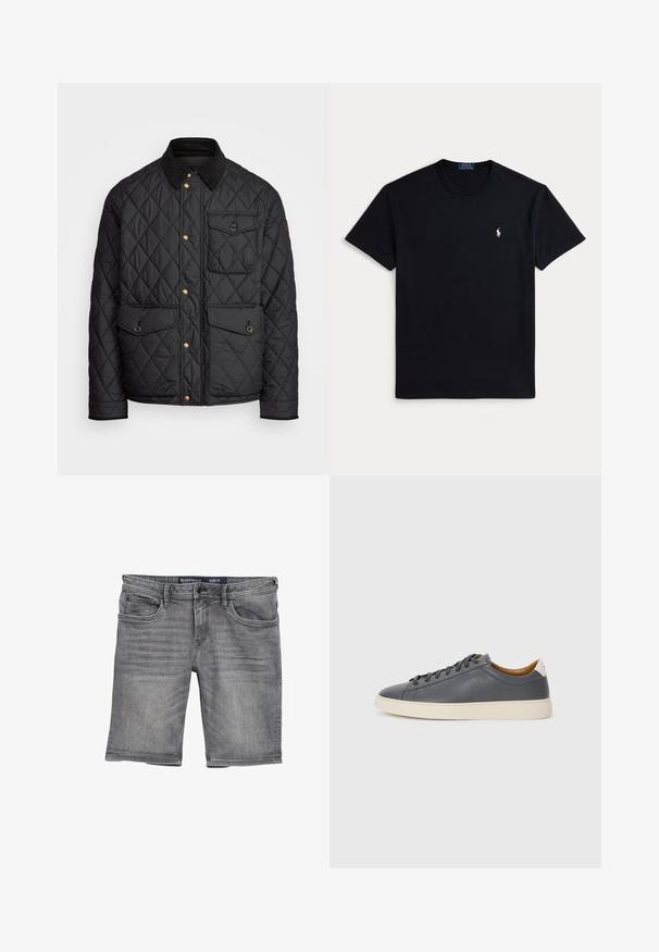 Chaqueta negra acolchada con cuello de pana, botones de presión dorados, dos bolsillos frontales y un bolsillo en el lado izquierdo, con un parche de logo.; Camiseta negra de algodón con cuello redondo, mangas cortas y un pequeño logo bordado en el pecho izquierdo. Textura suave.; Pantalones cortos de mezclilla gris con corte recto, que cuentan con cinco bolsillos, cierre de botón y cremallera, y un ligero desvanecimiento en la tela. Talla M.; Zapatilla de cuero gris con puntera redonda, suela de goma, cordones planos y acentos de color claro en el talón. Textura suave y diseño minimalista.