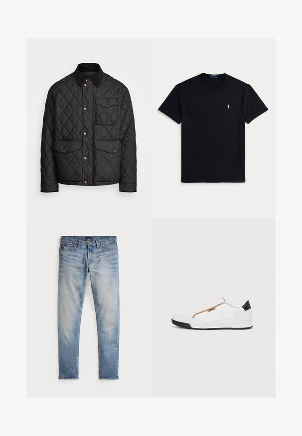 Černá prošívaná bunda s kordovým límcem, zlatými patentkami, dvěma předními kapsami a jednou kapsou na levé straně, která obsahuje nášivku s logem.; Černé bavlněné tričko s kulatým výstřihem, krátkými rukávy a malým vyšívaným logem na levé straně hrudi. Hladká textura.; Světle modré džínové kalhoty s vybledlým vzhledem, pět kapsový design a kontrastní šití. Obsahují zipový poklopec a poutka na opasek. Rovný střih.; Bílé sportovní boty s akcenty z meshe a kůže. Mají zlaté logo "BOSS", texturované boční panely a černý podpatek. Gumová podrážka.