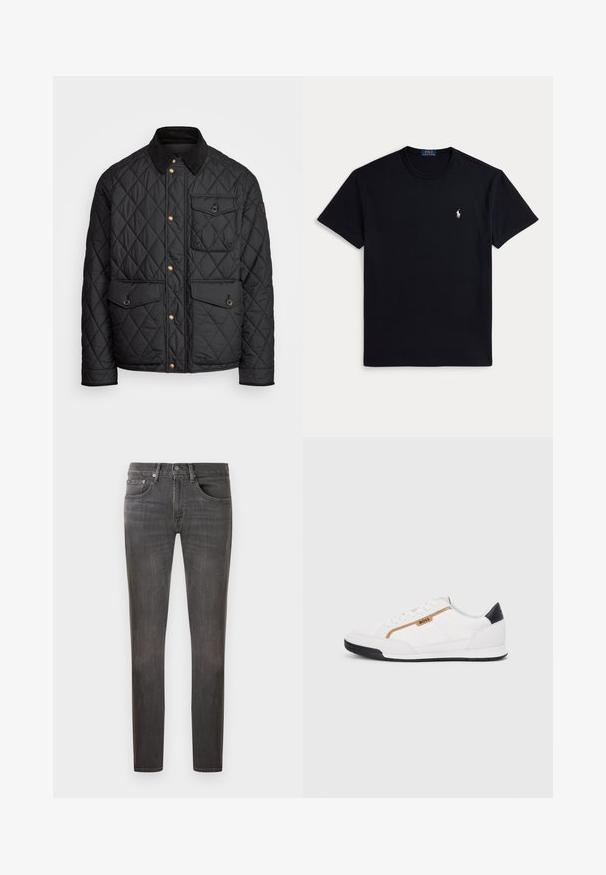 Casaco acolchoado preto com colarinho de veludo cotelê, botões de pressão dourados, dois bolsos frontais e um bolso no lado esquerdo, apresentando um patch de logotipo.; Camiseta preta de algodão com decote redondo, mangas curtas e pequeno logótipo bordado no lado esquerdo do peito. Textura suave.; Jeans de denim cinza escuro com um corte clássico, design de cinco bolsos e um efeito de desgaste subtil, com fecho de botão e fecho éclair.; Tênis atléticos brancos com detalhes em malha e couro. Apresenta um logotipo dourado "BOSS", painéis laterais texturizados e um capô de calcanhar preto. Sola em borracha.