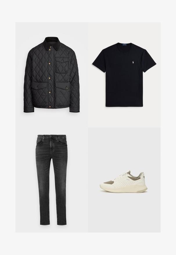 Schwarze gesteppte Jacke mit einem Cordkragen, goldenen Druckknöpfen, zwei Fronttaschen und einer Tasche auf der linken Seite, die ein Logopatch aufweist.; Schwarzes Baumwoll-T-Shirt mit Rundhalsausschnitt, kurzen Ärmeln und einem kleinen bestickten Logo auf der linken Brust. Glatte Textur.; BOSS ONYX - Jeans Tapered Fit - charcoal; Weiße und hellbeige Sport Sneakers, ausgestattet mit einem Obermaterial aus Netzgewebe, perforierten Details und einer strukturierten Zwischensohle mit Branding an der Ferse.