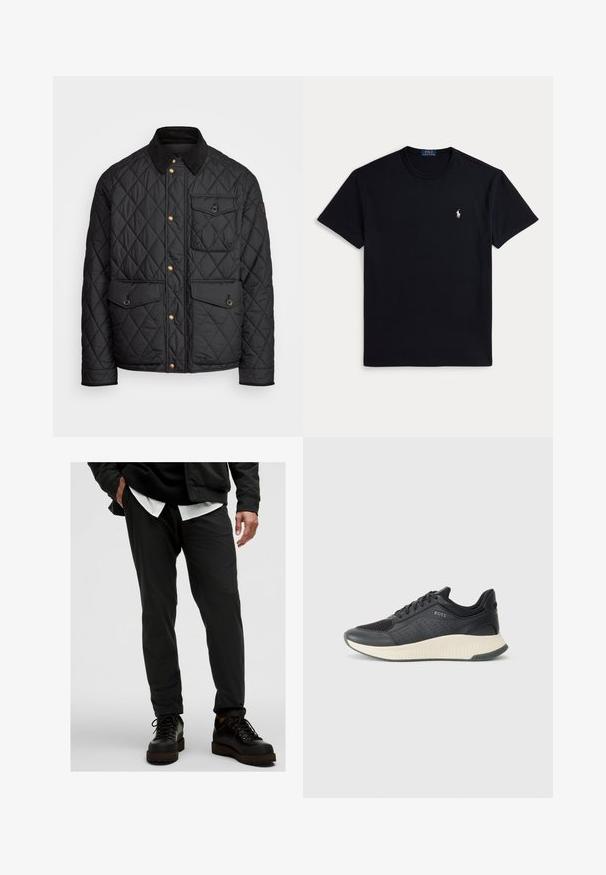 Melnā quiltota jaka ar velveteena apkakli, zeltītām spiedpogas, divām priekšējām kabatām un kabatu kreisajā pusē, ar logotipa uzlīmi.; Melnā kokvilnas T-krekls ar apaļu kakla izgriezumu, īsām piedurknēm un nelielu izšūtu logotipu kreisajā krūtīs. Gluda tekstūra.; Melnas vieglās bikses ar gludu tekstūru, sašaurinātu piegriezumu un elastīgu jostu. Apvienotas ar melniem saitēm.; Melnas sporta kedas ar sietveida augšdaļu ar perforācijām, teksturētu vidusdaļu krēmkrāsā un gumijas zoli nodrošinot saķeri.