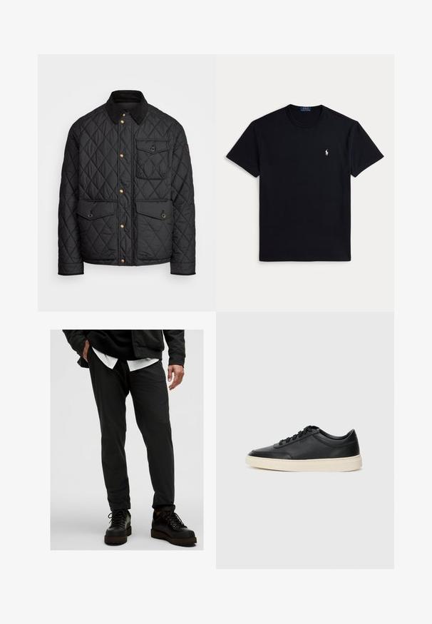Fekete steppelt dzseki corduroy gallérral, arany snap gombokkal, két elülső zsebbel és egy bal oldali zsebbel, logó jelvénnyel.; Fekete pamut póló környakkal, rövid ujjakkal és egy kis hímzett logóval a bal mellrészen. Simább tapintású anyag.; Fekete, könnyű nadrág sima felülettel, tapered szabású, rugalmas derékkal. Fekete fűzős csizmával párosítva.; Fekete, alacsony szárú bőrsneaker fekete fűzőkkel és törtfehér talppal, oldalnézetben, fehér háttér előtt.