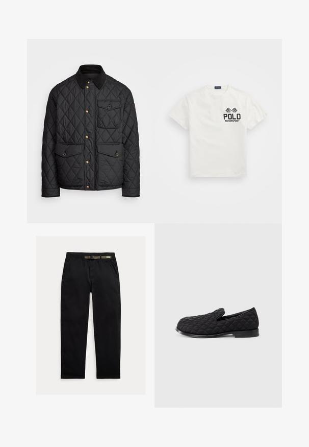 Czarna pikowana kurtka z kołnierzem z sztruksu, złotymi zatrzaskami, dwoma przednimi kieszeniami oraz kieszenią po lewej stronie, z naszywką z logo.; Biała bawełniana koszulka z okrągłym dekoltem, z czarnym logo "Polo Motorsport" i skrzyżowanymi flagami szachownicy na lewej piersi.; Czarne spodnie wykonane z lekkiego materiału, z elastycznym paskiem wbudowanym w zielony pas, prostą nogawką oraz bocznymi kieszeniami.; Czarne, pikowane buty wsuwane, z teksturowaną cholewką, okrągłym noskiem i płaską czarną podeszwą, z ozdobnym przeszyciem w diamentowy wzór.