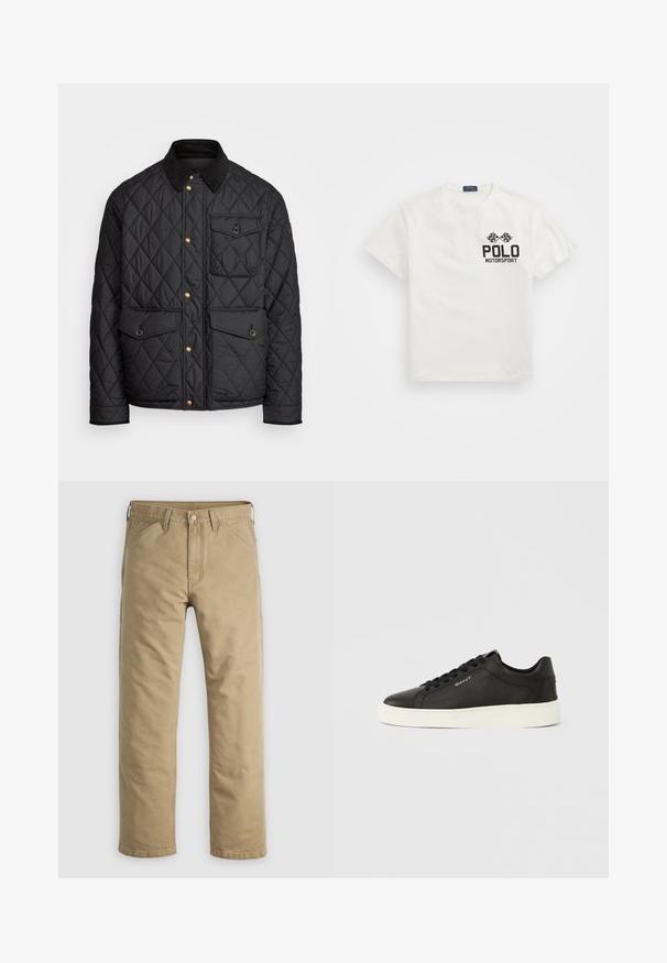 Chaqueta negra acolchada con cuello de pana, botones de presión dorados, dos bolsillos frontales y un bolsillo en el lado izquierdo, con un parche de logo.; Camiseta de algodón blanca con cuello redondo, que presenta un logo negro de "Polo Motorsport" y banderas a cuadros cruzadas en el lado izquierdo del pecho.; Pantalones de algodón color caqui con diseño de pierna recta, bolsillos delanteros y cierre de botón. Textura suave y costuras reforzadas para mayor durabilidad.; Zapatillas negras de cuero con suela de goma blanca, cordones planos y detalle de marca lateral. Textura lisa y diseño de punta redondeada.
