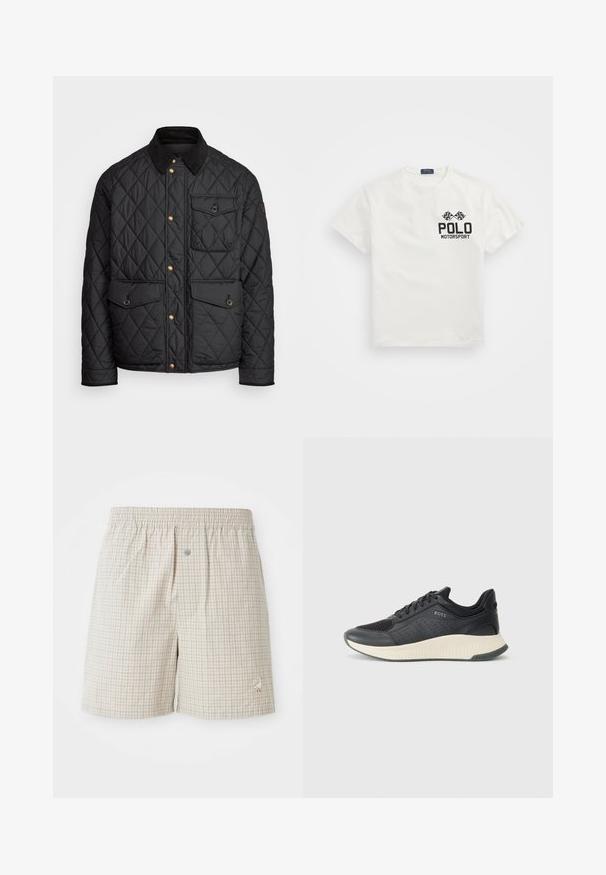 Černá prošívaná bunda s kordovým límcem, zlatými patentkami, dvěma předními kapsami a jednou kapsou na levé straně, která obsahuje nášivku s logem.; Bílý bavlněný tričko s kulatým výstřihem, s černým logem "Polo Motorsport" a zkříženými šachovnicovými vlajkami na levé hrudi.; Světlé béžové kostkované šortky s měkkou texturou, elastickým pasem a dekorativní výšivkou bílé husy blízko lemu.; Černá sportovní teniska s mřížkovou svrchní částí s perforacemi, texturovanou mezipodešví v krémové barvě a gumovou podešví pro lepší trakci.