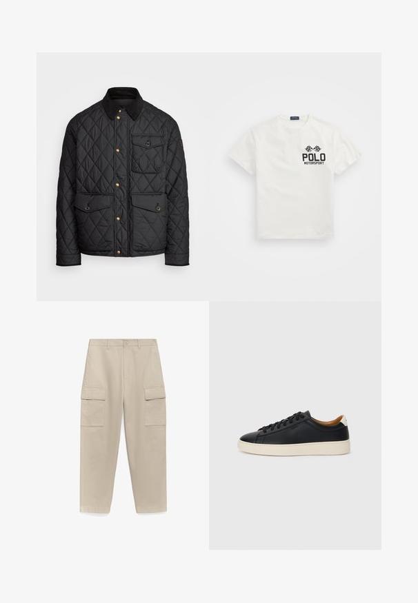 Zwarte gewatteerde jas met een corduroy kraag, gouden drukknoopsluitingen, twee voorzakken en een zak aan de linkerkant, voorzien van een logo patch.; Witte katoenen T-shirt met een ronde hals, voorzien van een zwart "Polo Motorsport" logo en gekruiste geblokte vlaggen op de linkerborst.; Beige cargobroeken met een rechtlopende pasvorm, met twee grote zijzakken en een knoopsluiting bij de taille. Glad katoenmateriaal.; Zwarte leren sneakers met een gladde textuur, beige rubberen zool, vetersluiting en een contrasterende hielaccent.